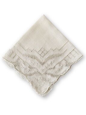 Antique Midcentury Off White Linen Floral Scalloped Embroidered Handkerchief
